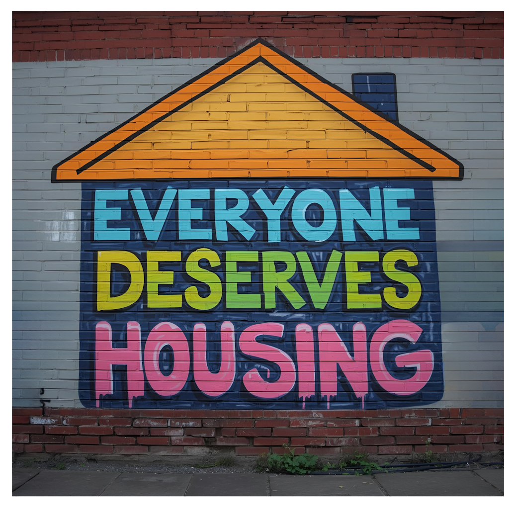 Mural that reads Everyone Deserves Housing.
